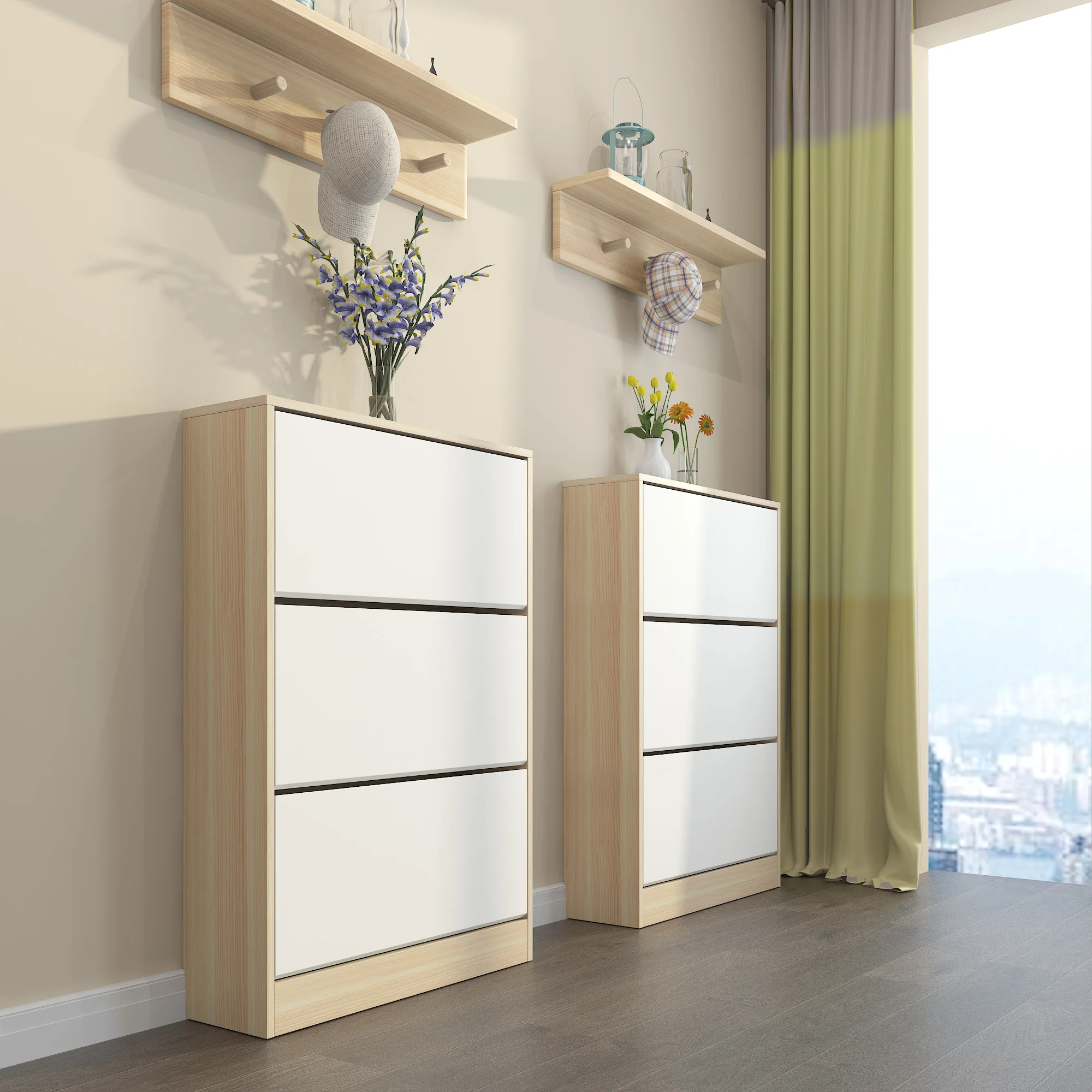 Modern Flip Shoe Rack For Home Entryway Wooden High Quality Melamine Ultra Thin Tipping Bucket Shoe Storage Cabinet