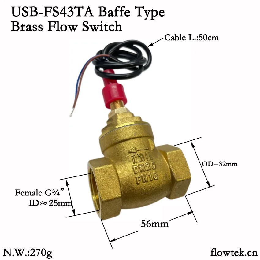 USB-FS43TA Baffle Type Flow Sensor Switch Reed Switch Brass Sensor 5-40L/min 5-24V DC 0.3A 2 wire