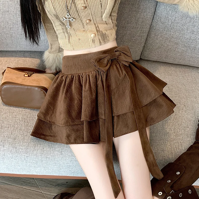 Autumn Winter Women's Dress Clothing New French Gentle Bow Layered Ruffle High Waist A-line Short Coffee Black Color Cake Skirt