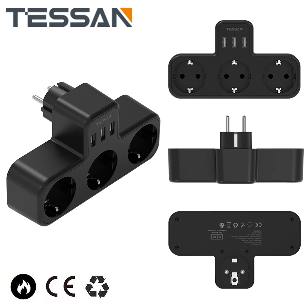 TESSANMultipleWallSocketPowerStripwith3ACOutlets3USBPorts6