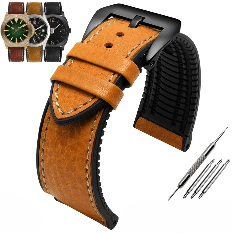 thumbnail image 1 of Correa de reloj de piel italiana + base de silicona de 20 mm, 22 mm y 24 mm para Omega Breitling Avenger, correa de caucho resistente al agua para hombre, 1 of 5