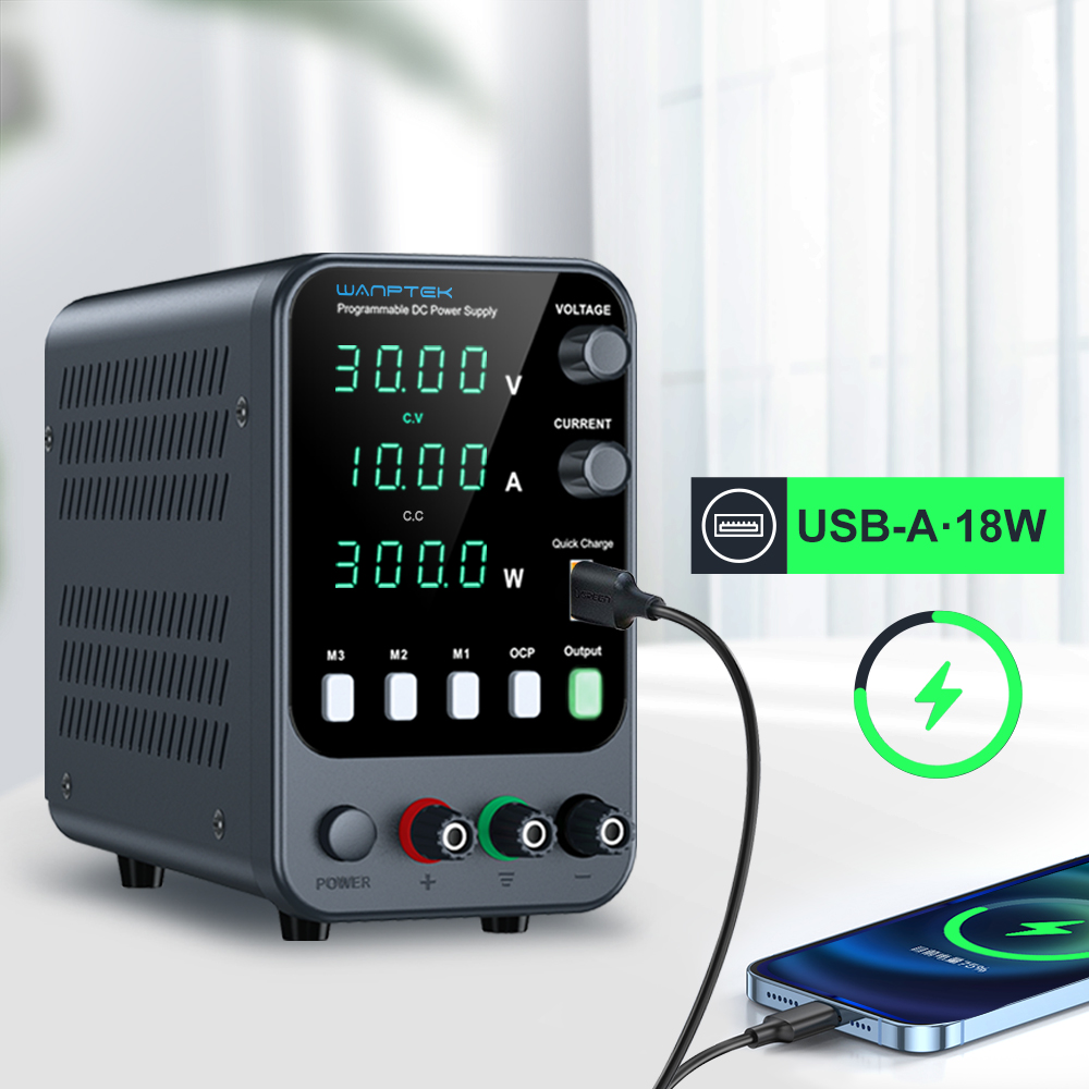 Adjustable DC power supply with 4-digit LED display; 5V/3.6A USB fast charging with 3-group memory with encoder adjustment