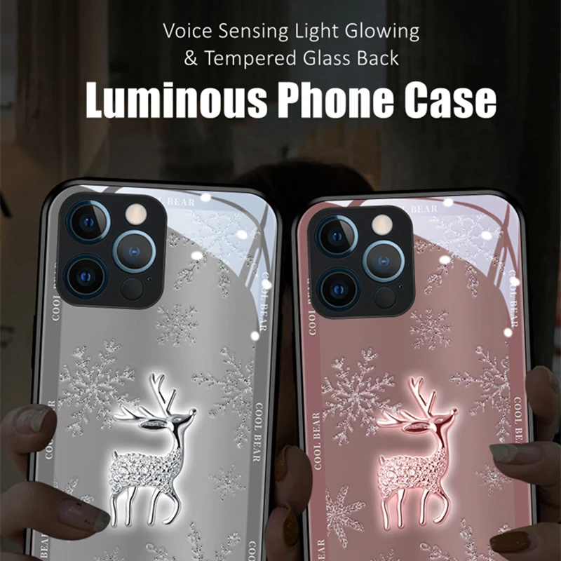 

Metal Deer LED Light Glowing Luminous Phone Case for iPhone 11 12 13 14 15 Pro Max Plus Samsung S24 S22 S23 Note 20 Plus Ultra