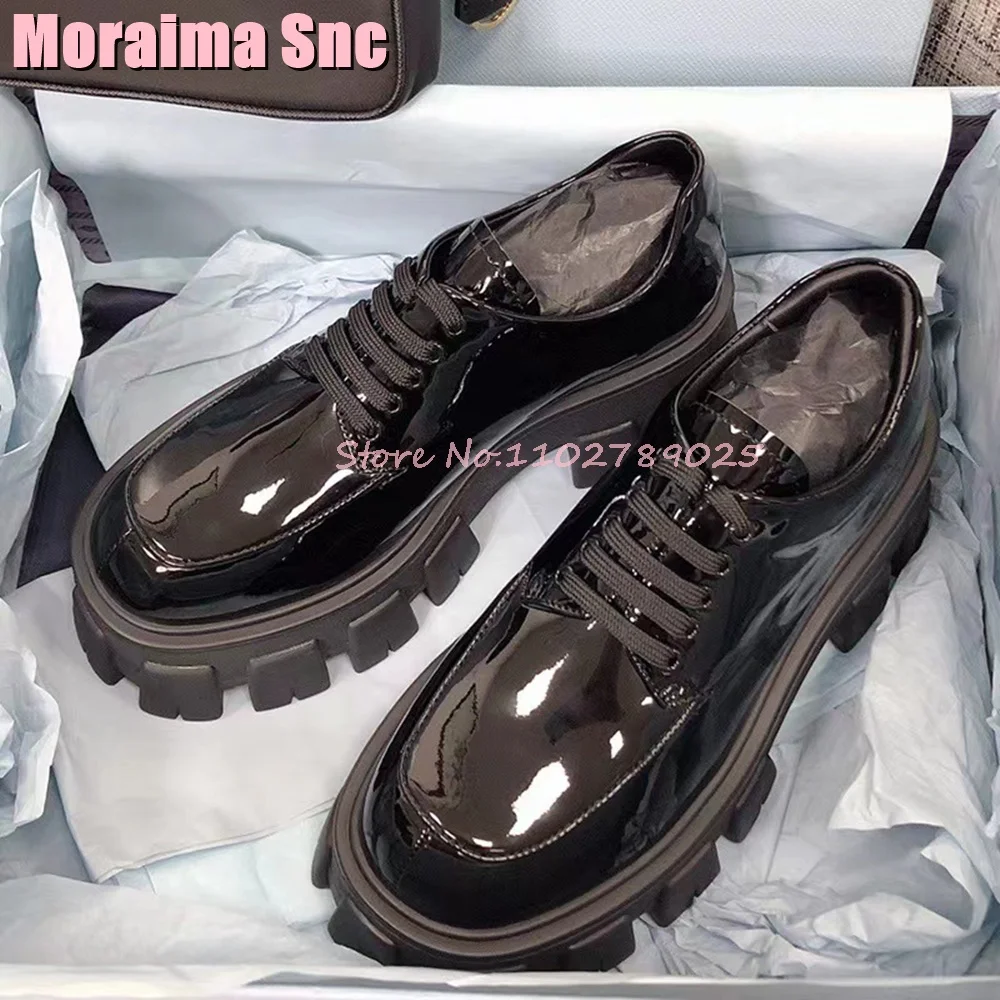 

Round Toe Lace Up Mary Janes Thick Bottom Block Mid Heel British Style Women Shoes Fashion Black Solid Concise Patent Leather