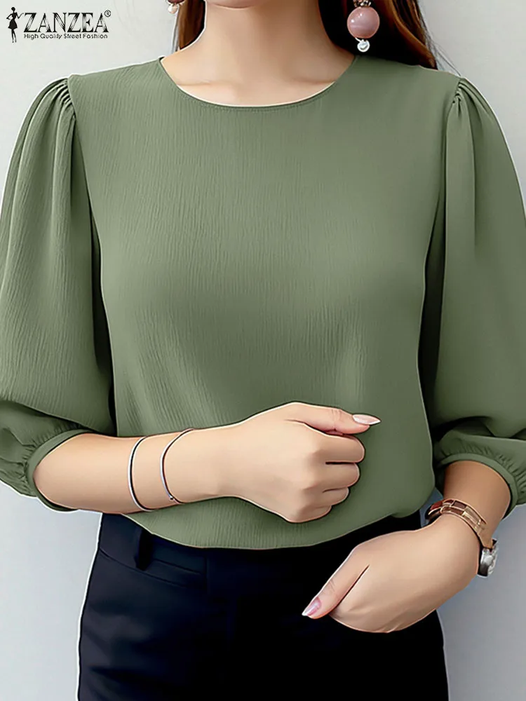 ZANZEA Elegant Women Puff Sleeve Blouses 2025 Summer 3/4 Sleeve O Neck Crinkled Texture Blusas Fashion Solid Color Tunic Tops Best Sellers In Women's Clothing