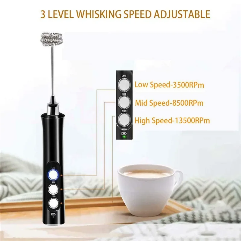 Electric Foamer Mixer Whisk Beater Stirrer 3-Speeds Coffee Milk Drink Frother USB Rechargeable Handheld Food Blender Whisk 3
