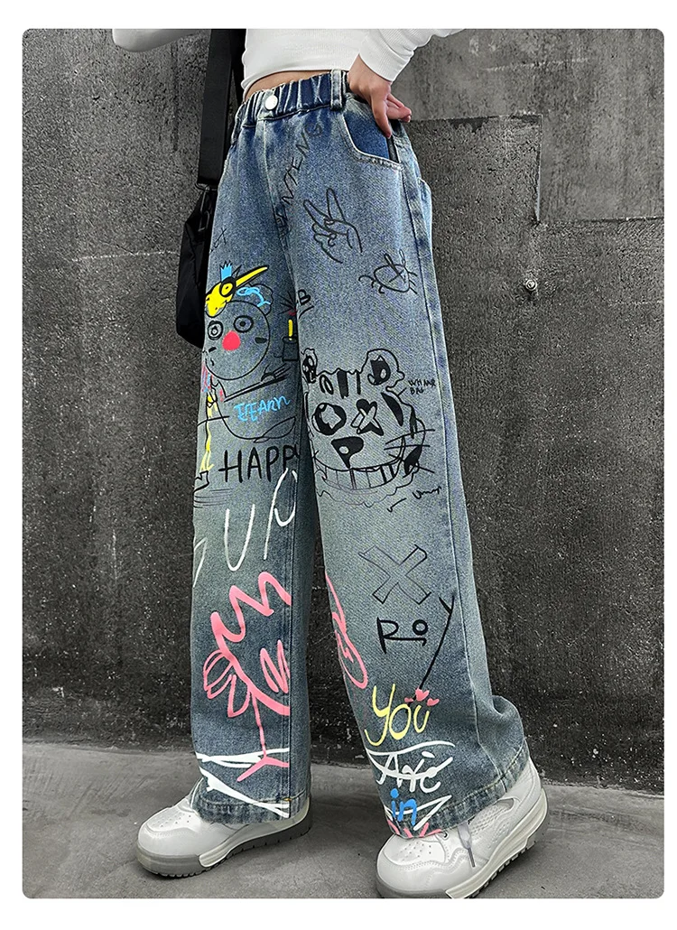 تصميم جديد للأطفال مطبوعة الهيب هوب الجينز للفتيات موضة عالية الشارع الشهير الدنيم السراويل الاطفال العصرية الكرتون الجينز السراويل 4-14T