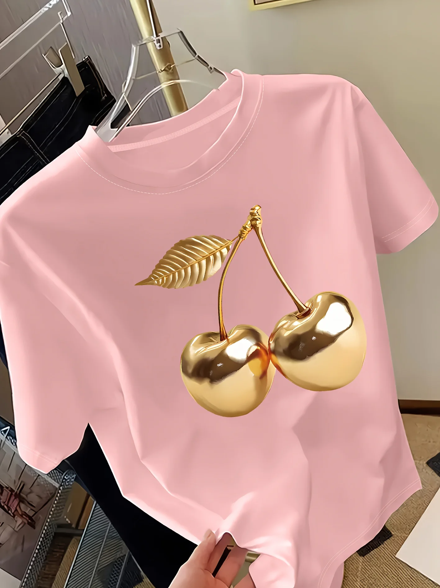 Golden Cherry Print Women Short Sleeve T-Shirt Stylish Casual Tee a Sense of Elegance Versatile Top for Women Minimalist Design 4