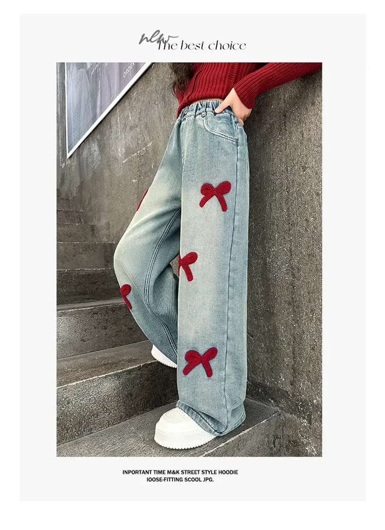 الفتيات فضفاضة واسعة الساق الجينز السراويل الناعمة الأطفال Bowknot التطريز مستقيم الدنيم السراويل ربيع الخريف الملابس 5-12 سنة