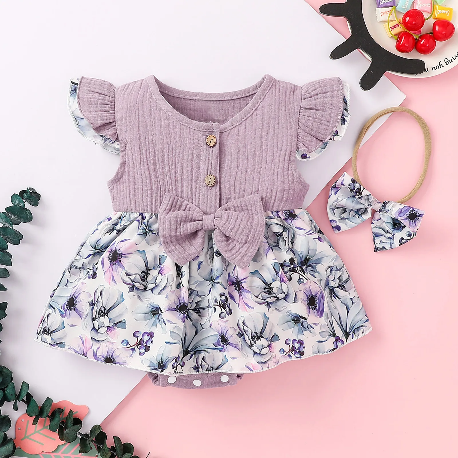Summer New Baby Girl’s Casual Fly Sleeve Romper Cotton Linen Fresh Floral Printed Backless Ruffles Jumpsuits Infant Clothes 4