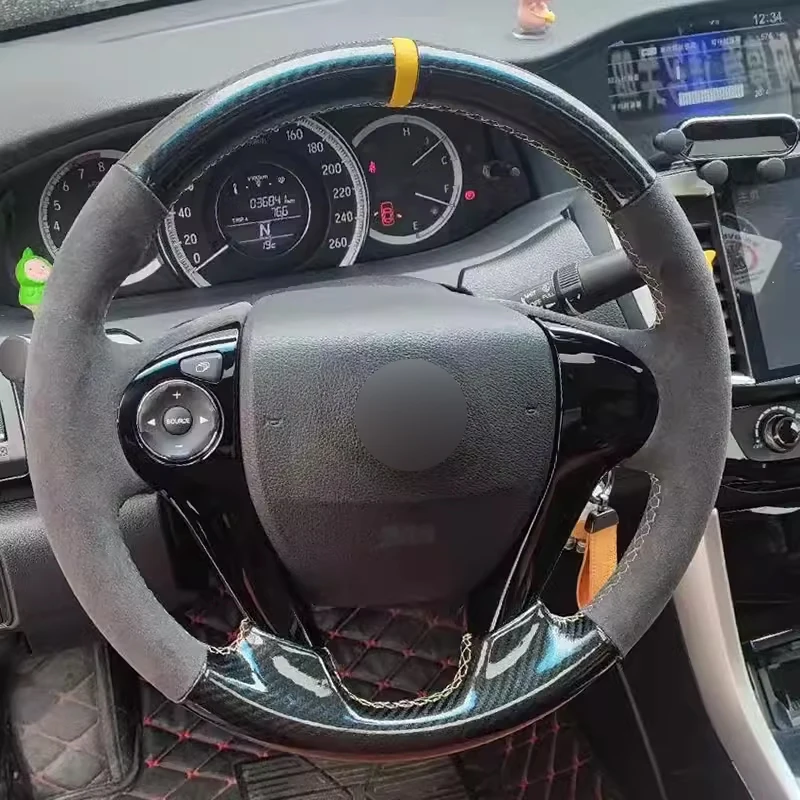 

Чехол на руль из углеродного волокна с черной замшей и желтой полосой с желтой нитью для Honda Odyssey Elisen Accord 9