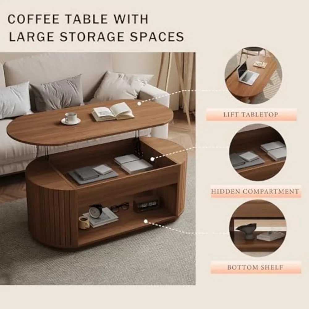47-Inch Lift Top Wood Coffee Table with Hidden Storage Compartment and Open Shelf for Living Room, Fluted Oval Center Tea Table 4