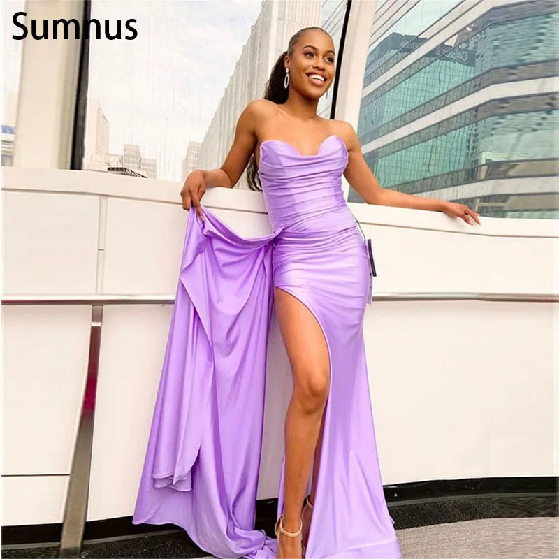 

Sumnus Sexy Purple Mermaid Strapless Prom Dresses 2022 Stain High Side Slit Floor Length Evening Dess Robe De Soirée De Mariage