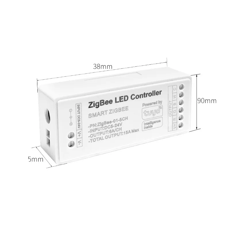 Фото Контроллер Zigbee RGBCCT, 15 А, 5-24 В, 12 В, 180 Вт, Alexa, 5 каналов, RGBWC, RGBCW, цветовая температура, RGB + CCT контроллер светодиодной ленты №5