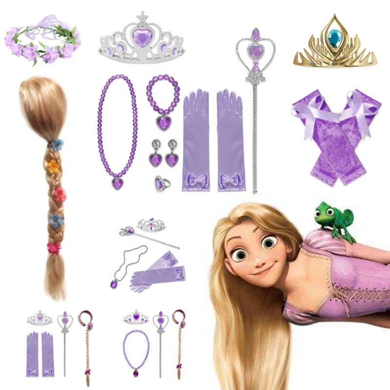Disney Rapunzel Princess Gloves Wand Crown Jewelry Set Rapunzel Wig Braid for Princess Dress Clothing Cosplay Accessories cheap baby accessories	