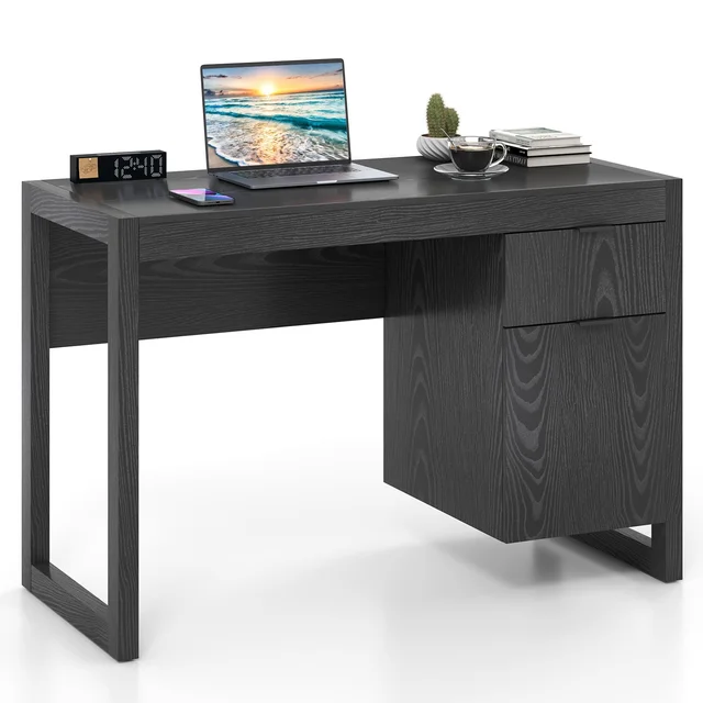 GOFLAME Modern Computer Desk Wooden Laptop Table Workstation W/ Storage-Black