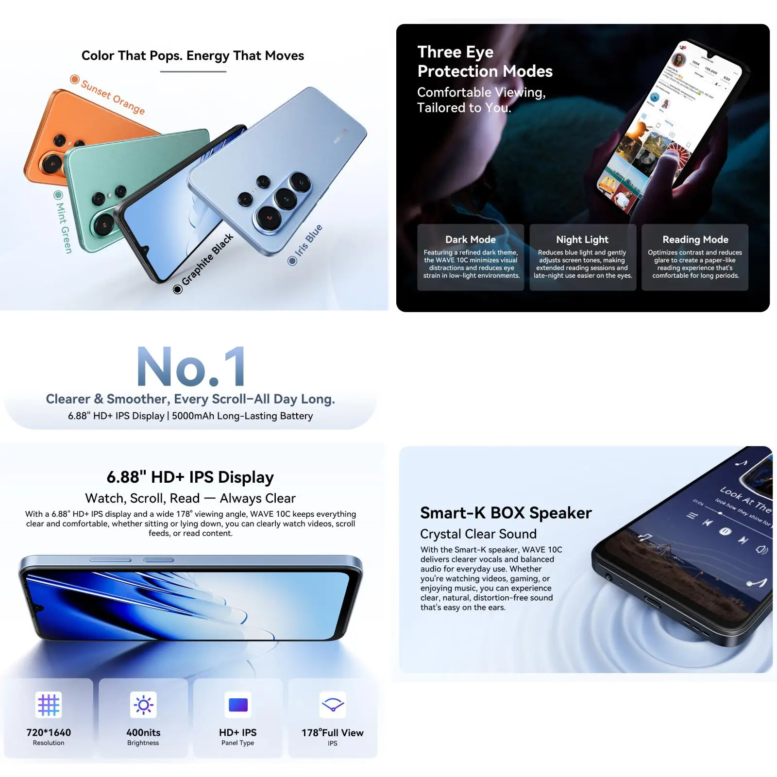 Smartphone Blackview WAVE 10C, écran HD+IPS de 6,88 pouces, batterie de 5000 mAh, 4 Go + 32 Go / 128 Go, téléphone portable Unisoc, appareil photo 32 MP, 4G Android 16