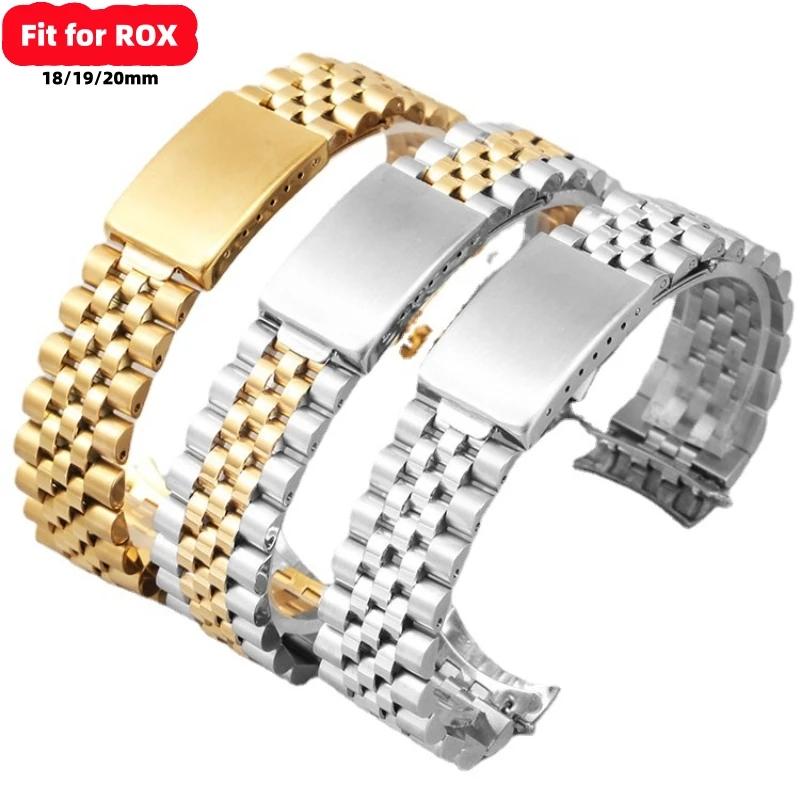 

Браслет мужской из нержавеющей стали 316L, изогнутый юбилейный браслет с концом под серебро и золото, подходит для часов ROX, 18 мм, 19 мм, 20 мм