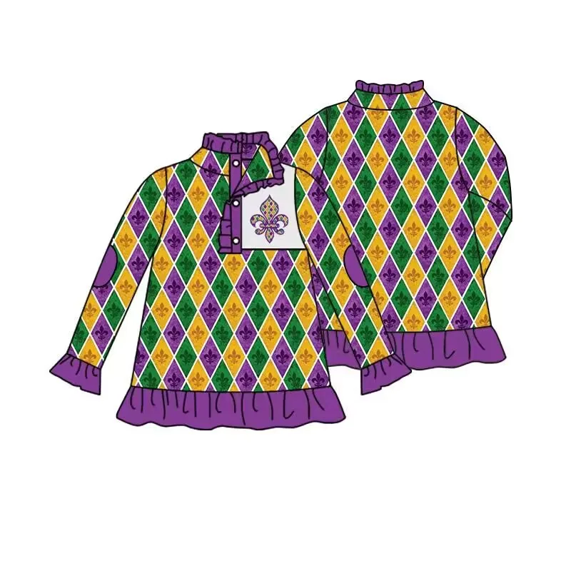 

Boutique Mardi Gras Purple Plaid Stand Collar Button T-shirt for Kids Toddler Holiday Shirt Children Casual Raglan Long Sleeves