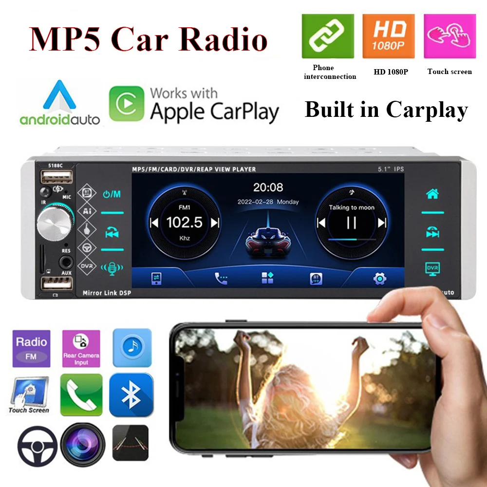 

5.1 inch 1Din Carplay Android Car Radio Full touch capacitive IPS screen intelligent voice 3USB car MP5 player For Nissan Toyota