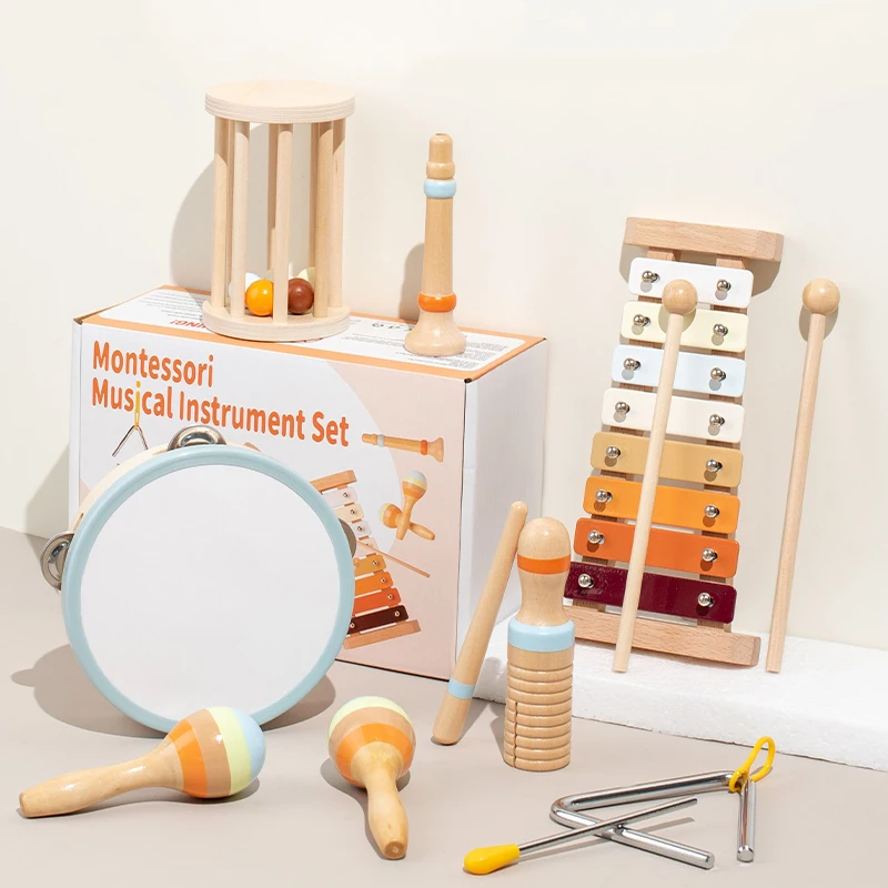 7pcs Toddlers Early Education Gift Castanet Sand Hammer Tambourine Kindergarten Orff Percussion Instrument Musical Toys for Baby 3