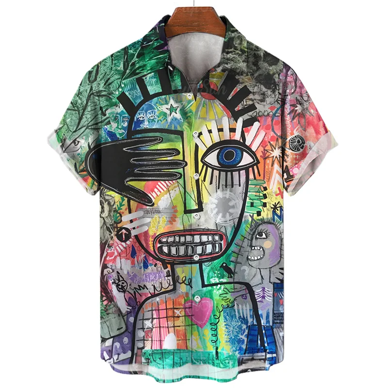 thumbnail image 1 of Camisa con estampado 3D de cara abstracta para hombre, camisa hawaiana de manga corta con gráficos de pintura artística de verano, blusa con solapa, ropa de calle, 1 of 5