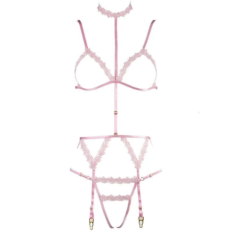 

Water-soluble flower lingerie hollow triangle cup adjustment straps hanging neck garter belt open crotch thong three sets