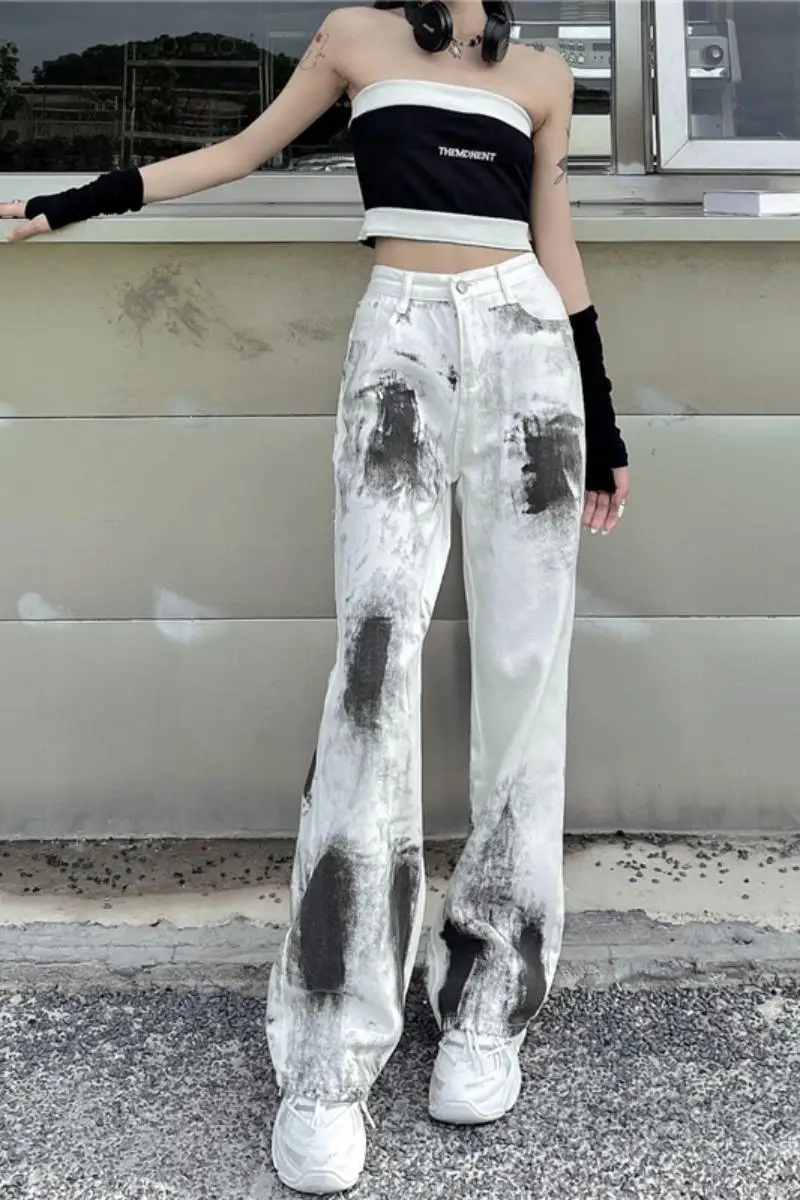 topshop jeans Spring and Summer New High Waist Straight Mopping Trousers Color Tie-dyed Split Wide Leg Retro Jeans Women Baggy Jeans Women zara jeans Jeans