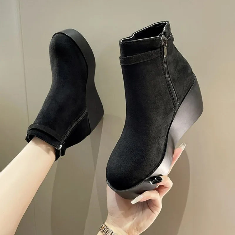 Ankle Boots Hidden Wedge Casual Women Boots Faux Suede Leather
