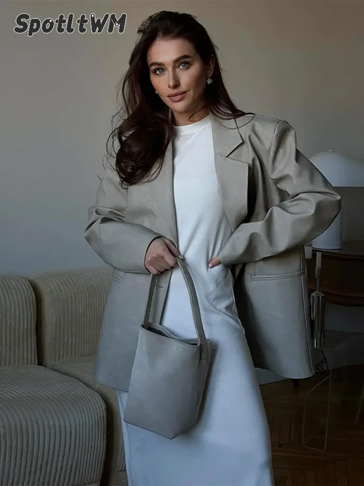 

Fashion Solid Pu Leather Blazer Jacket For Women Elegant Turn-down Collar Long Sleeves Coat Spring Warm High Street Outwear 2024