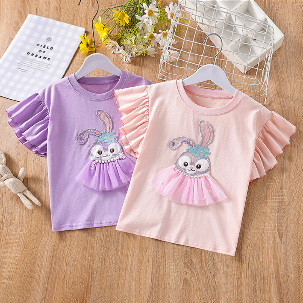 

Summer Kids Girls Lotus Leaf Sleeves Short Sleeve T-shirt Top Casual Children's Fashion Versatile StellaLou Gauze Patchwork Tees
