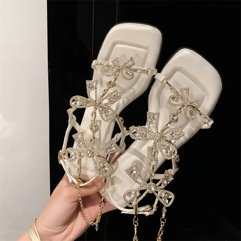 

Summer Square Toe Women Sandals Soft Sole Wild Outdoor Slingback Ankle Strap Girls Shoes Bow-knot Crystal Zapatos Mujer