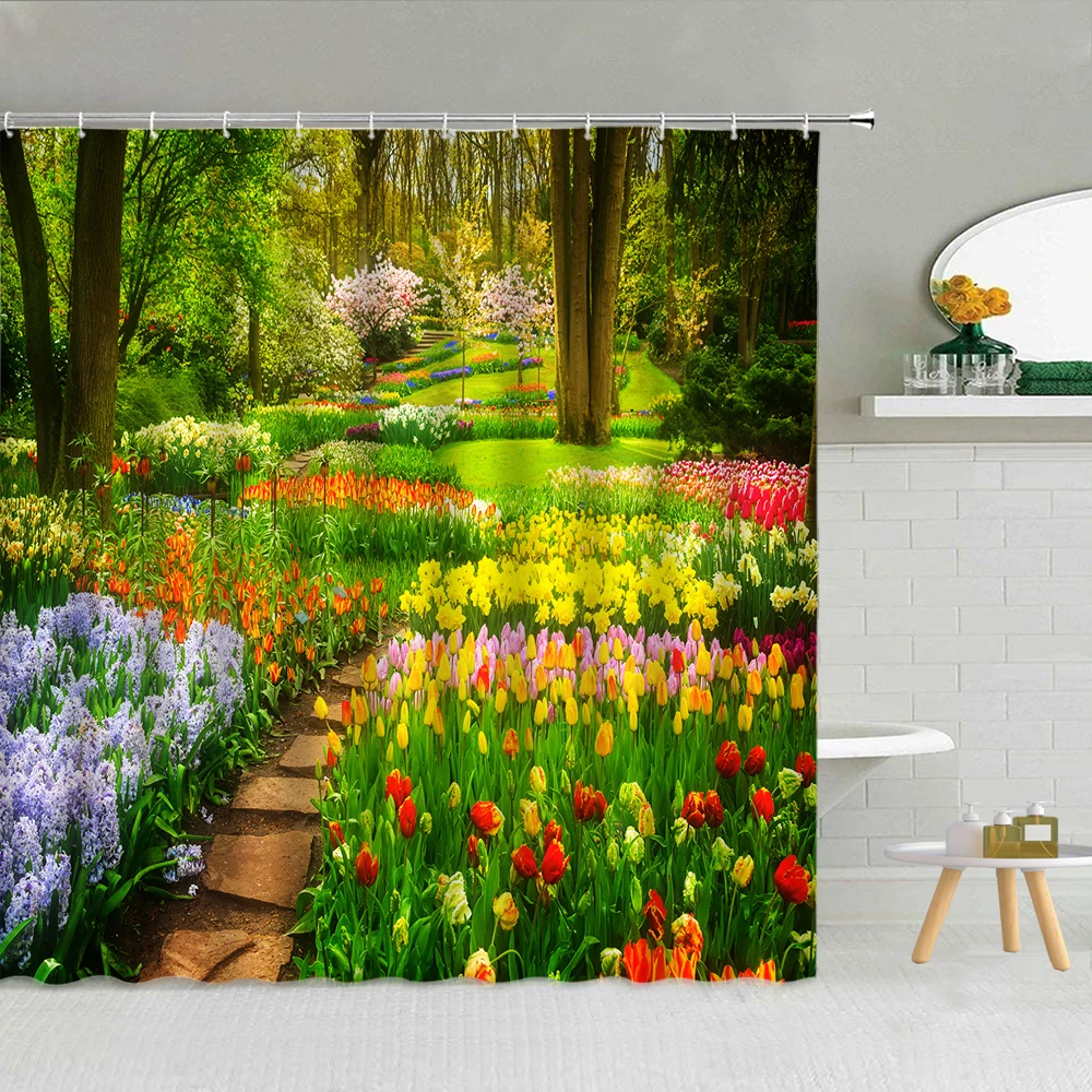 

Waterproof Nature Woods Sunshine Flowers Shower Curtain Set Polyester Fabric High Quality Bath Screen With Hooks 3D Printing