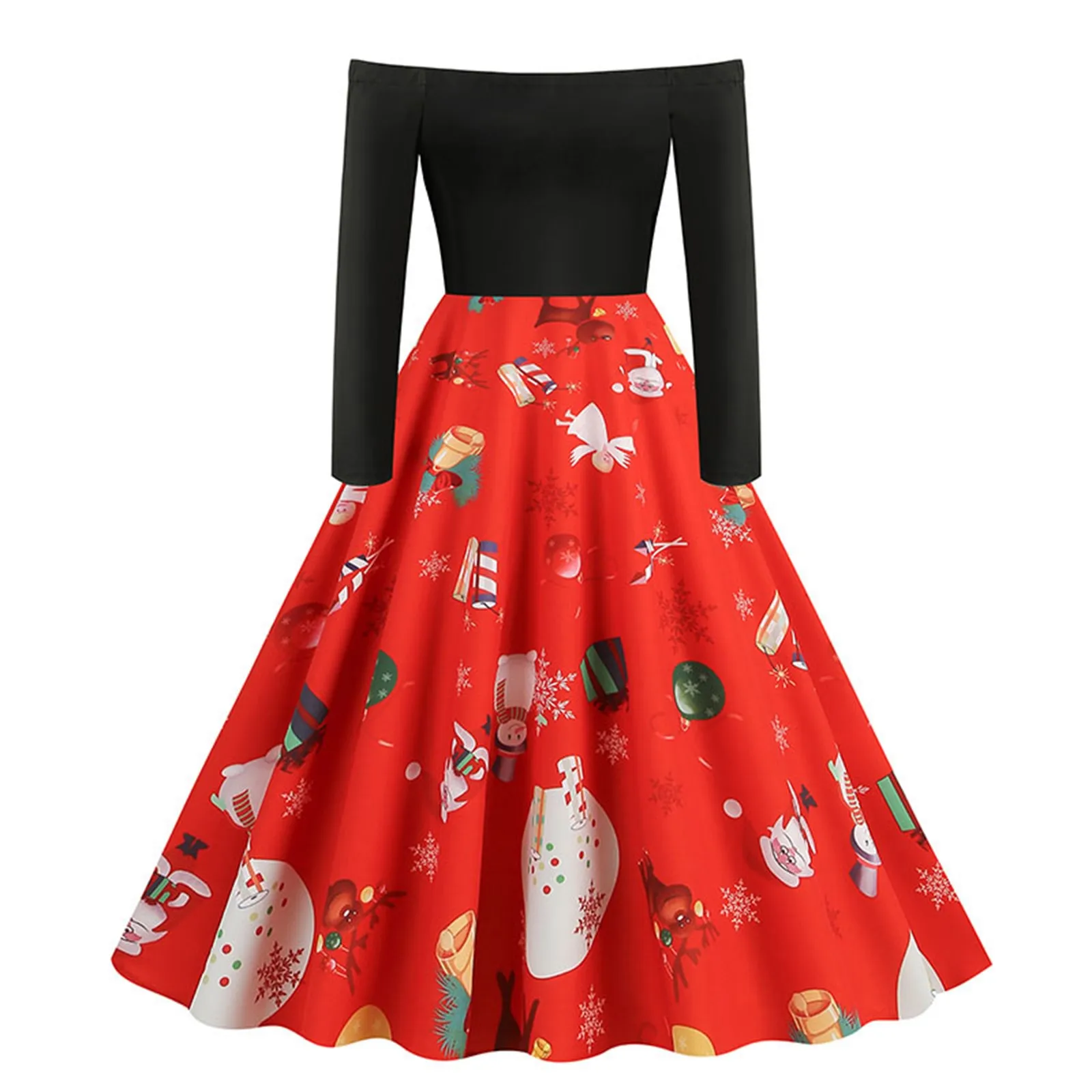 

Christmas Print Dress Off Shoulder Long Sleeve Nice Retro Nice Style Small Dress Lace