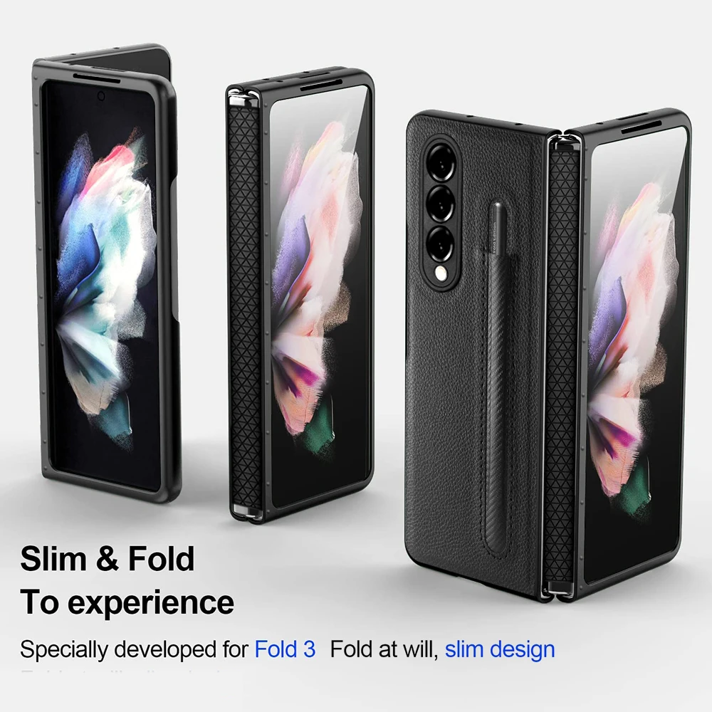 Ultra-thin Folding Hinge Phone Case For Samsung Galaxy Z Fold 4 Fold 3 5G Slim Leather Case Cover Fold4 Fold3 with S Pen Slot