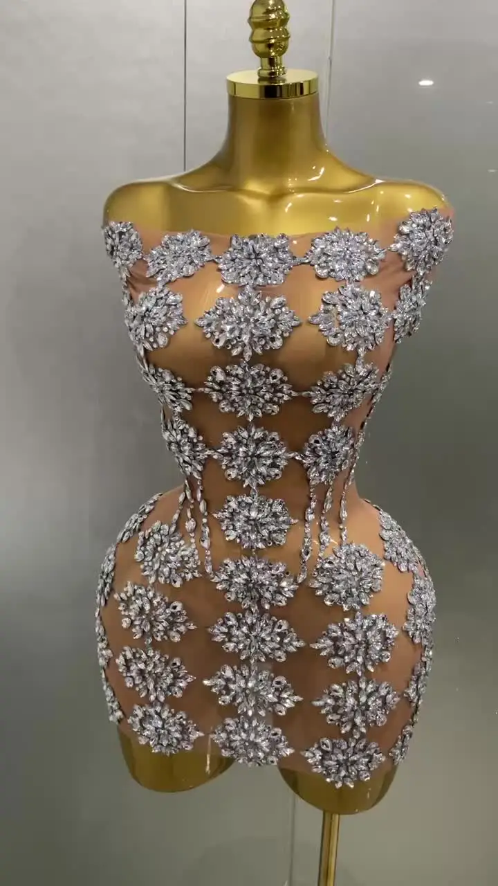 Роскошное блестящее сетчатое мини-платье со стразами 2025 женский сексуальный