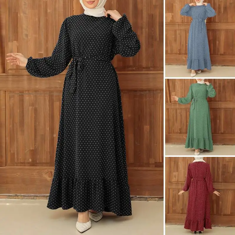 

Women's Retro Polka Dot Print Extra Long Fashionable Long Sleeve Ruffle Hem Muslim Dress