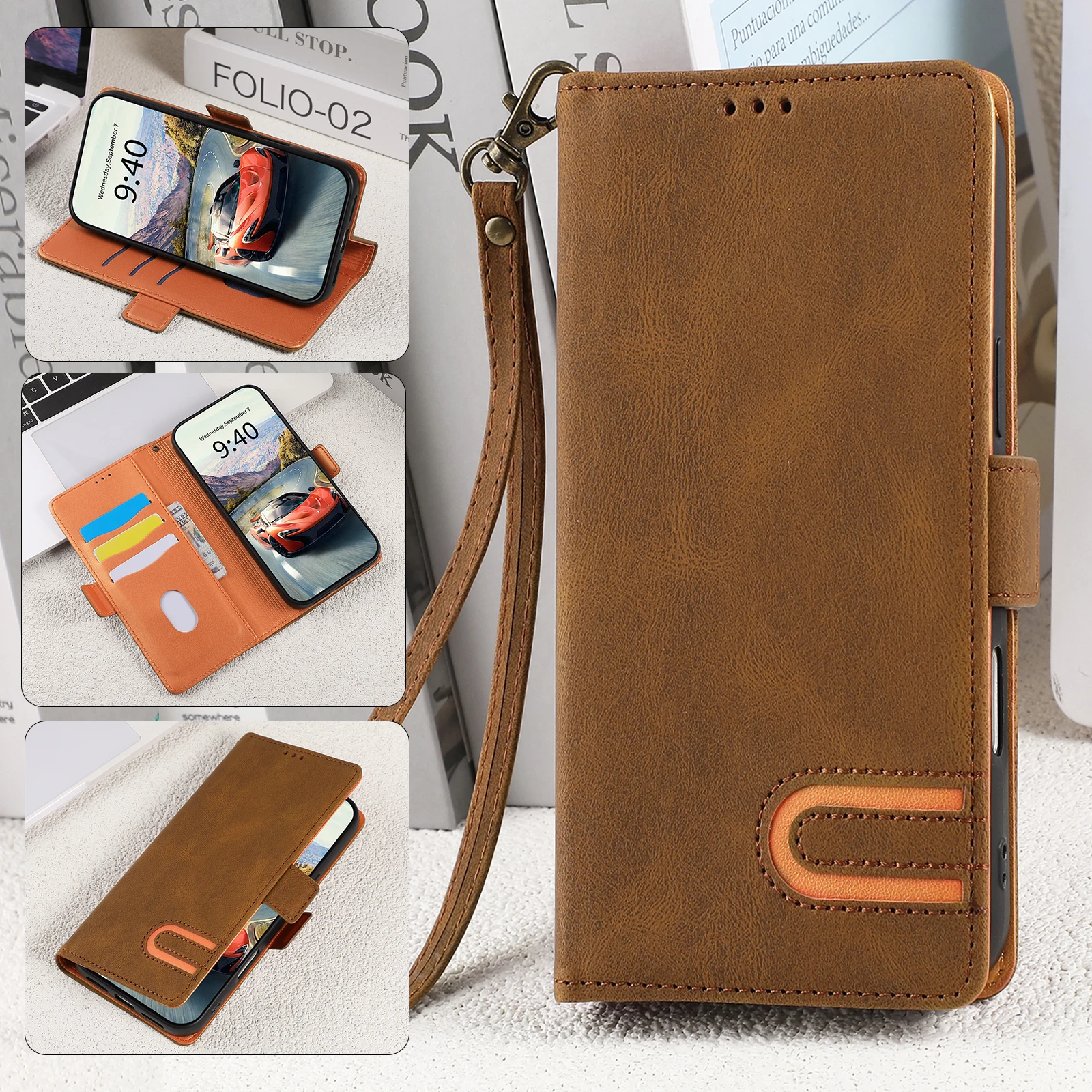 Leather U-Shaped Lanyard Wallet Phone Case with Shockproof Wrist Flip Cover and Card Slots