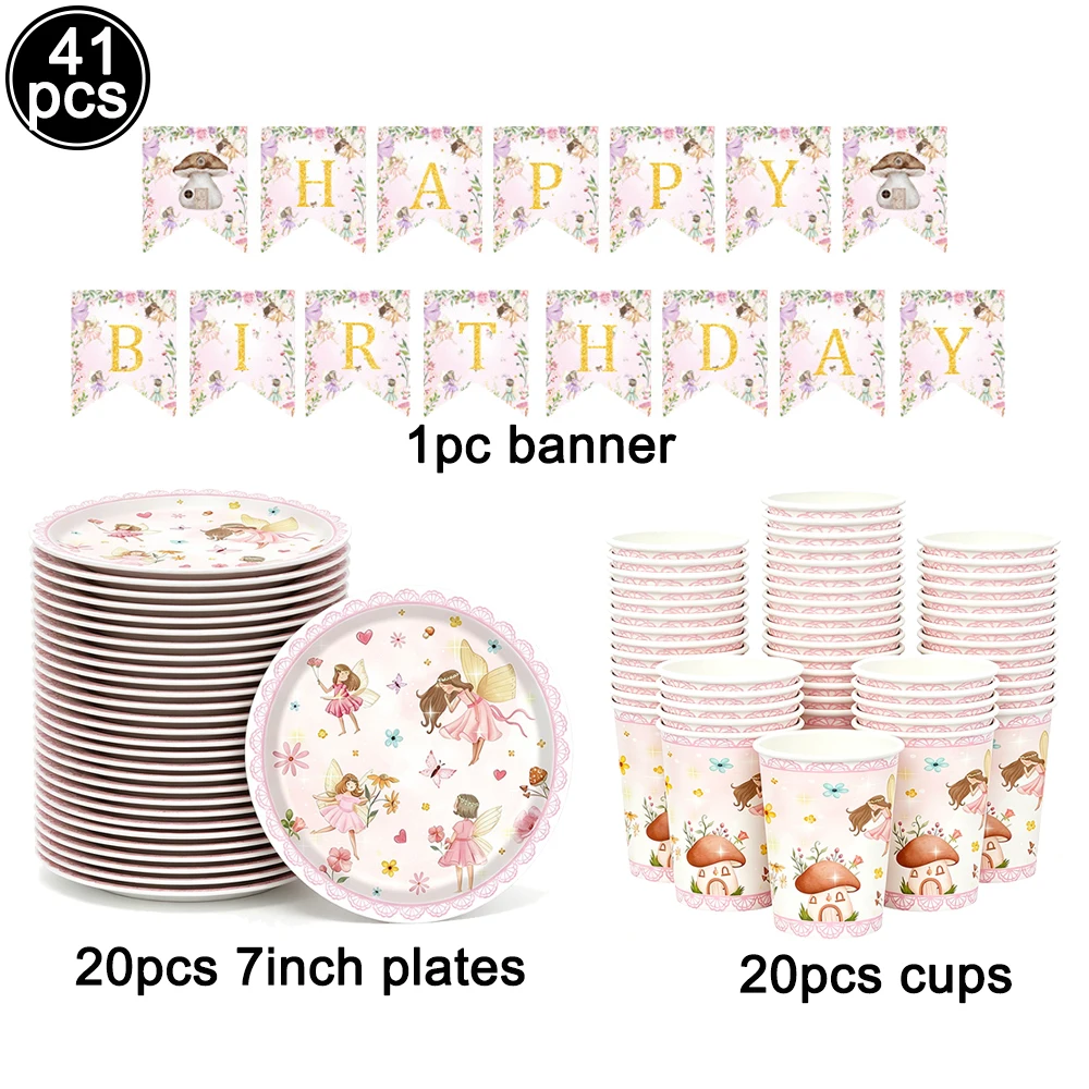 Pink Butterfly & Flower Fairy Disposable Party Tableware Set - Plates, Cups, and Napkins