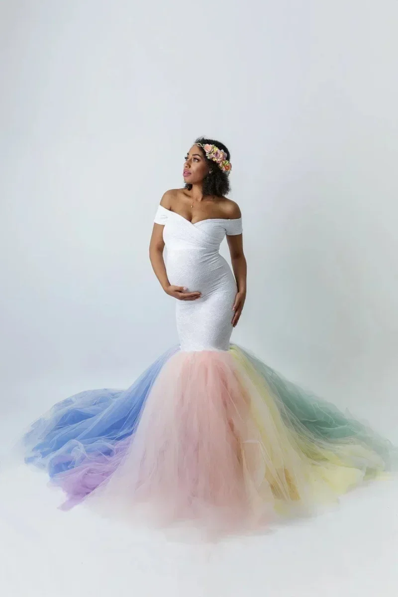

Maternity Dresses For Photo Shoot Lace Colorful Mesh Pregnant Women Trailing Off Shoulder Photography Trailing One-Piece Dress