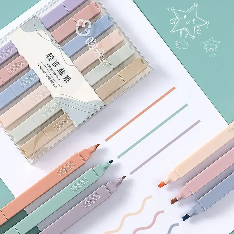 6pcs/set Double-headed Highlighter Kawaii Stationery Color Marker School Supplies Student Marker Textbook Highlighter highlighter marker highlighter pen marker pen art marker contour marker