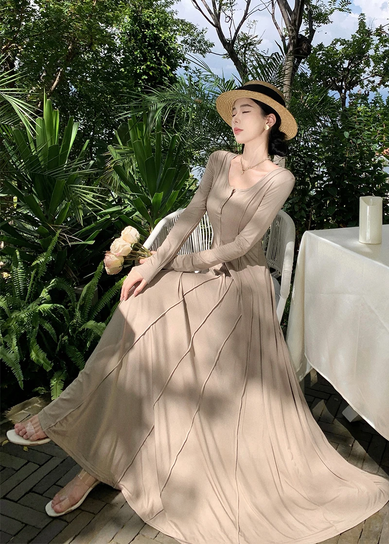 Casual Knitted Dresses for Women Long Sleeves Square Collar A-line Autumn Maxi Dress Korean Fashion Solid Vestidos Mujer New