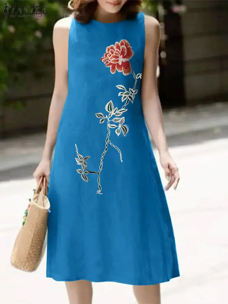 

ZANZEA Summer Fashion Sleeveless Dress Women Bohemain Sundress Elegant Work Party Knee-length Robe Floral Embroidery Vestidos