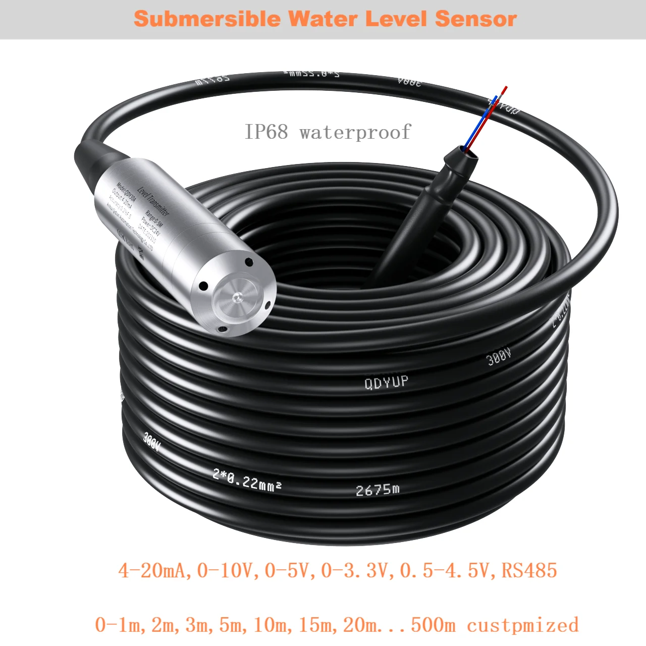 RS485 Hydrostatic Liquid Level Transmitter 4-20mA 0-10V 0-3.3V Output Water Pressure Level Sensor Probe 0-5M 10M 15M 20M