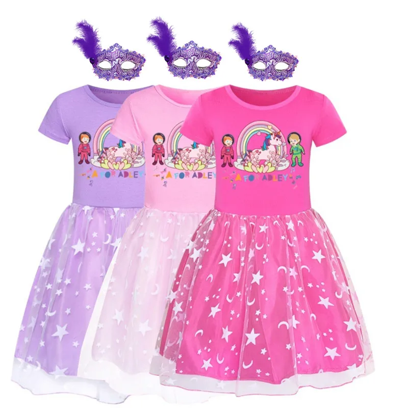 Cartoon Baby Girl Dresses Kids A For Adley Space Jam Clothes Costume Cosplay Bambini Manica Corta Casual Tshirt Dress + Mask
