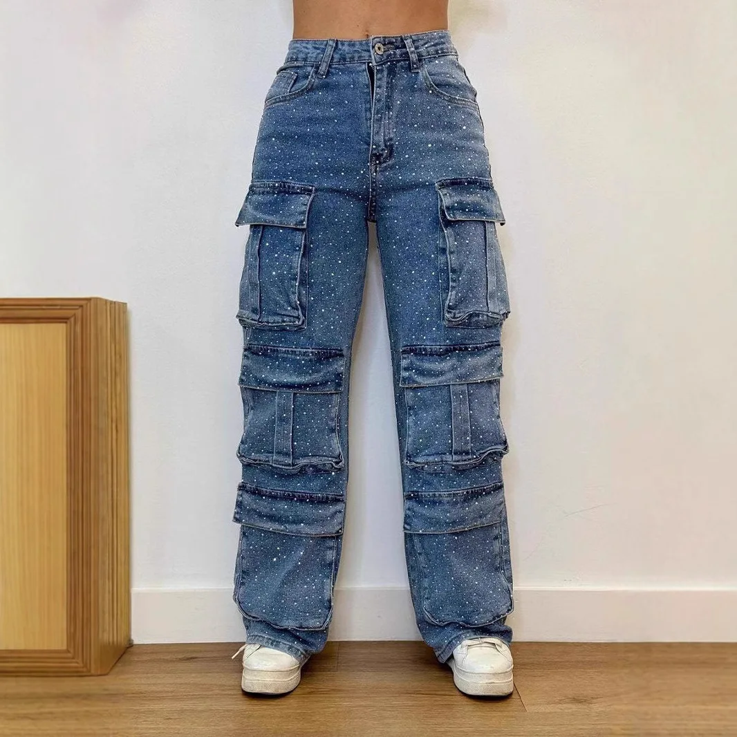 2025 New High Waist Black Rhinestone Multi-Pocket Work Jeans Street Style High Quality Fashionable Straight Jeans 5