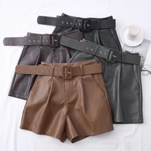 

2022 New PU Leather Shorts Women Shorts All-match Sashes Wide Leg Short Ladies Sexy Leather Shorts Autumn Winter