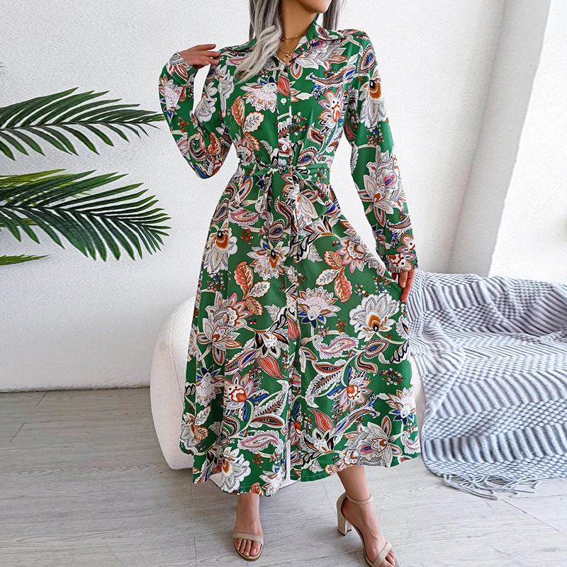 

Women Fashion Lapel Chiffon Long Dress Elegant Vintage Print Long Sleeve Dress Autumn Single-breasted Lace-up Office Shirt Dress