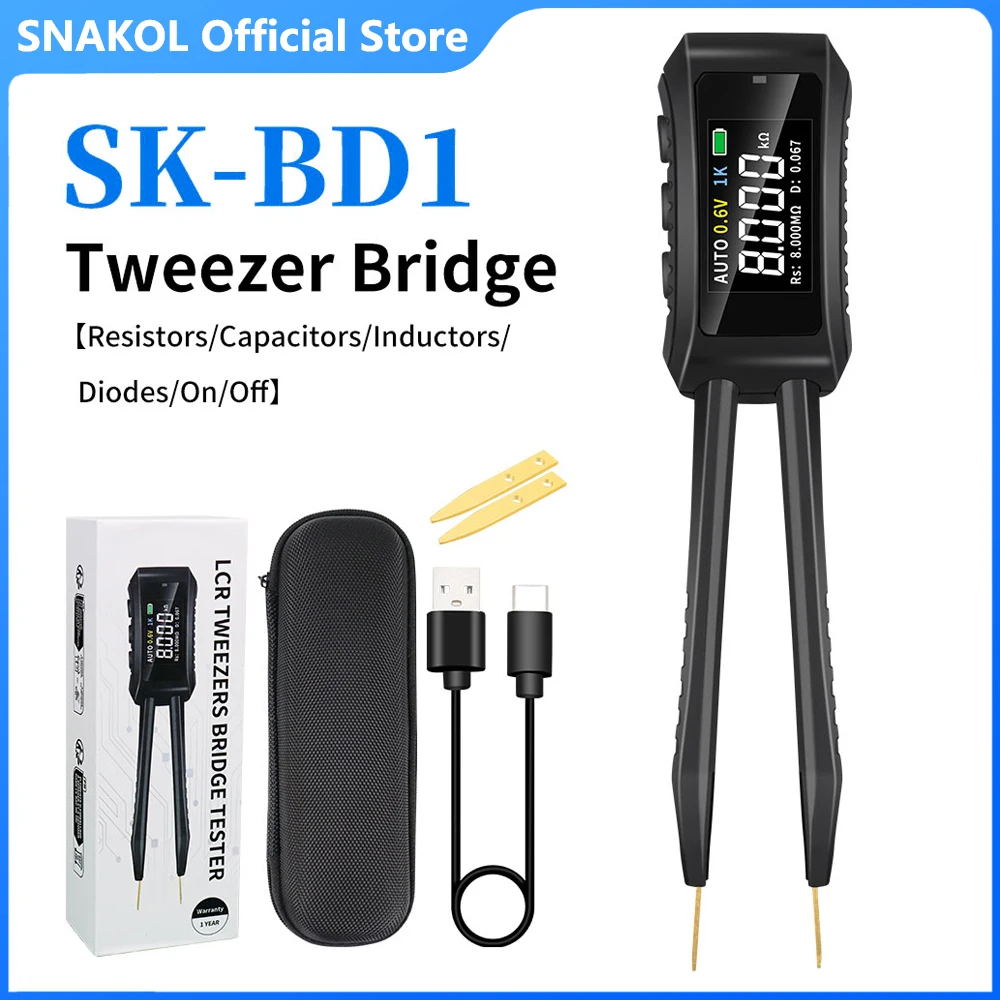 SNAKOL Digital Smart Tweezer Tester SK-BD1, LCR SMD ESR meter resistance capacitance inductance continuity diode test measurement tools