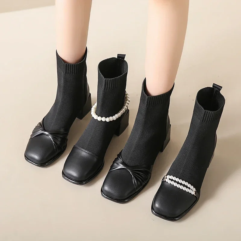 

Mesh Breathable Women's Sock Boots 2023 Korean Fashion Square Toe Ankle Boots Sweet Pearl Design Thick Sole High Heels Shoes